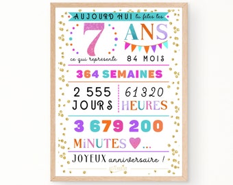 Carte géante colorée 7 ème anniversaire, affiche anniversaire 7 ans - minutes, heures, jours, mois, années, déco anniversaire - À IMPRIMER