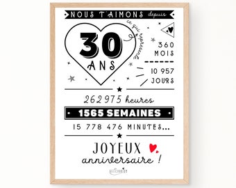 Affiche 30ème anniversaire - minutes, heures, jours, mois, années - affiche anniversaire 30 ans, carte anniversaire, décoration anniversaire