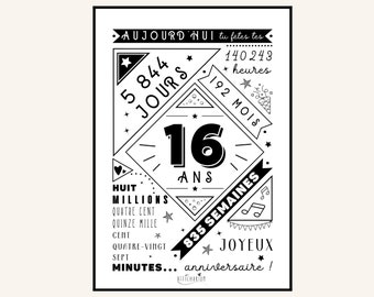 Affiche 16 ans, affiche anniversaire 16 ans, poster anniversaire, carte anniversaire, décoration fête anniversaire, cadeau dernière minute