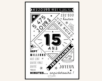 Affiche 15 ans, affiche anniversaire 15 ans, poster anniversaire, carte anniversaire, décoration fête anniversaire, cadeau dernière minute