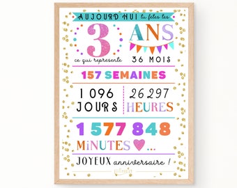 Carte géante colorée 3 ème anniversaire, affiche anniversaire 3 ans - minutes, heures, jours, mois, années, déco anniversaire - À IMPRIMER
