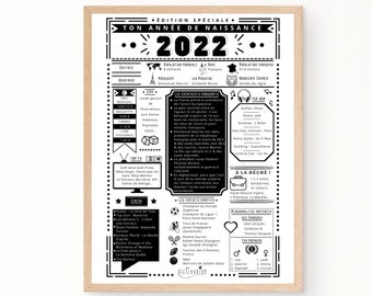 Journal de naissance 2022 | Affiche année de naissance | Cadeau anniversaire 2 ans | Téléchargement immédiat | À IMPRIMER