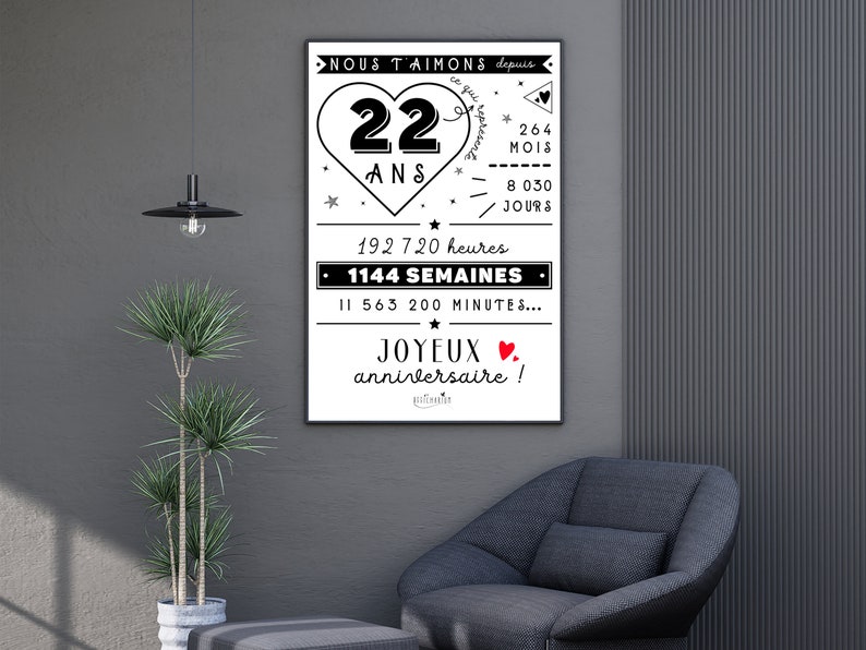 Affiche 22ème anniversaire minutes, heures, jours, mois, années affiche anniversaire 22 ans, carte géante anniversaire À IMPRIMER image 5