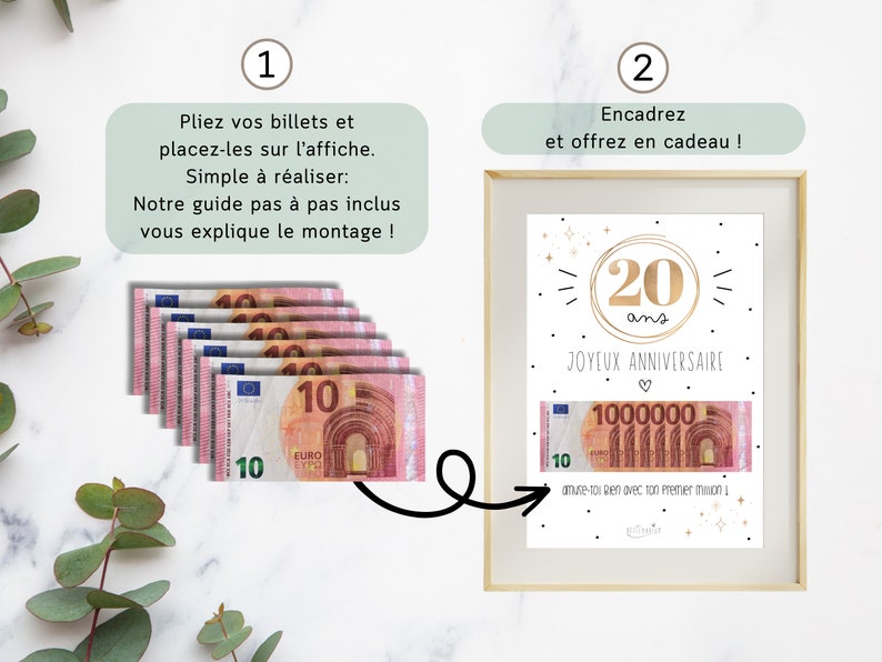 Cadeau 20 ans ton premier million, cadeau argent, affiche message surprise pour billets à offrir, téléchargement immédiat À IMPRIMER image 4