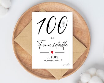 Carte "100 ans et formidable, joyeux anniversaire" coeur rouge, carte 100ème anniversaire femme / homme à imprimer - Téléchargement immédiat