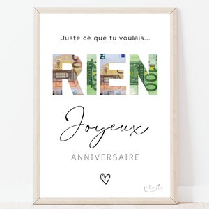 Cadeau anniversaire RIEN, cadeau drole marrant anniversaire, affiche surprise pour billets à offrir, téléchargement immédiat À IMPRIMER image 1