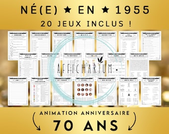 Année 1955 - 20 jeux d'anniversaire à imprimer, lot de jeux d'anniversaire 70 ans à imprimer (réponses incluses) - Téléchargement immédiat