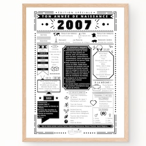 Journal de naissance 2007 - Affiche année de naissance, anniversaire 18 ans, déco fête anniversaire, cadeau 18 ans | À IMPRIMER SOI MÊME