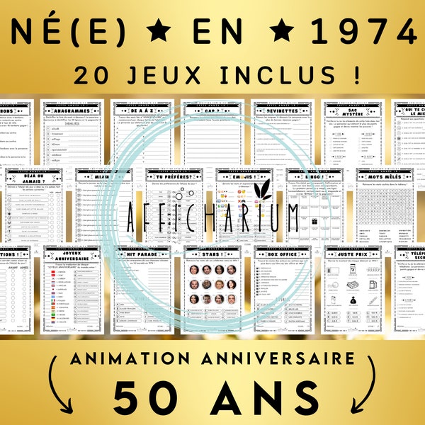 Année 1974 - 20 jeux d'anniversaire à imprimer, lot de jeux d'anniversaire 50 ans à imprimer (réponses incluses) - Téléchargement immédiat