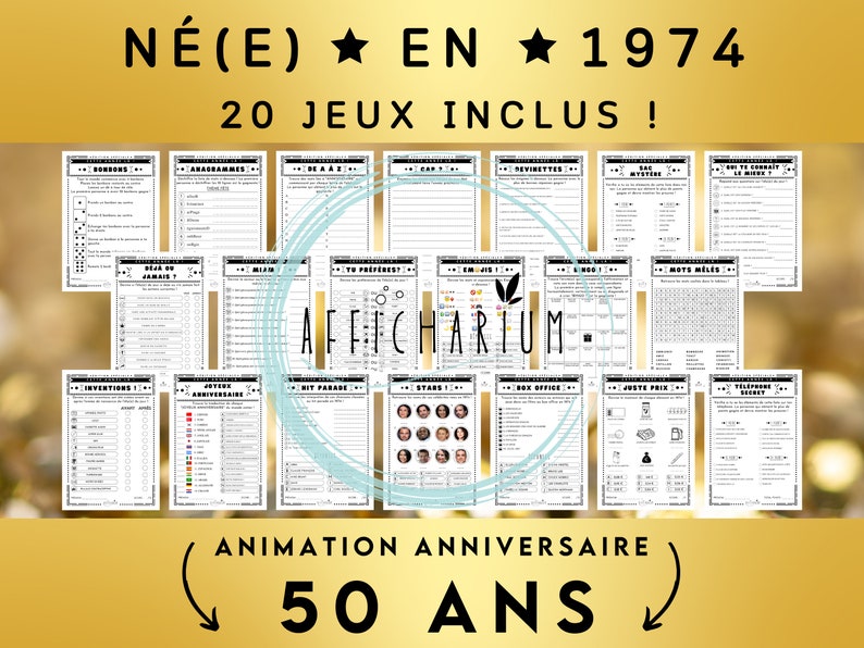 Année 1974 20 jeux d'anniversaire à imprimer, lot de jeux d'anniversaire 50 ans à imprimer réponses incluses Téléchargement immédiat Bild 1