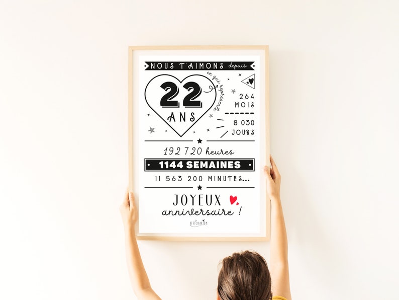 Affiche 22ème anniversaire minutes, heures, jours, mois, années affiche anniversaire 22 ans, carte géante anniversaire À IMPRIMER image 3