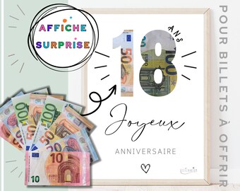 Cadeau anniversaire 18 ans, cadeau argent, cadeau original, affiche surprise pour billets à offrir, téléchargement immédiat - À IMPRIMER