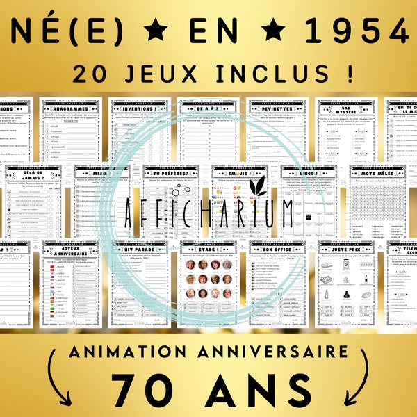 Année 1954 - 20 jeux d'anniversaire à imprimer, lot de jeux d'anniversaire 70 ans à imprimer (réponses incluses) - Téléchargement immédiat