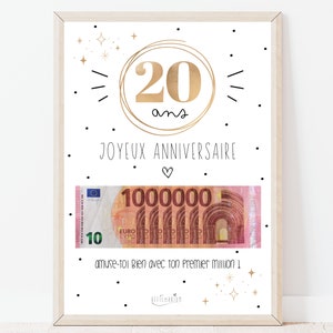 Cadeau 20 ans ton premier million, cadeau argent, affiche message surprise pour billets à offrir, téléchargement immédiat À IMPRIMER image 1