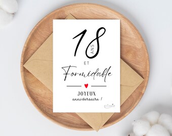 Carte "18 ans et formidable, joyeux anniversaire" coeur rouge, carte 18ème anniversaire femme / homme à imprimer - Téléchargement immédiat