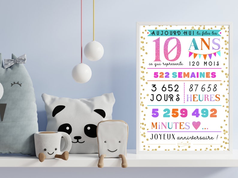 Carte géante colorée 10 ème anniversaire, affiche anniversaire 10 ans minutes, heures, jours, mois, années, déco anniversaire À IMPRIMER image 4