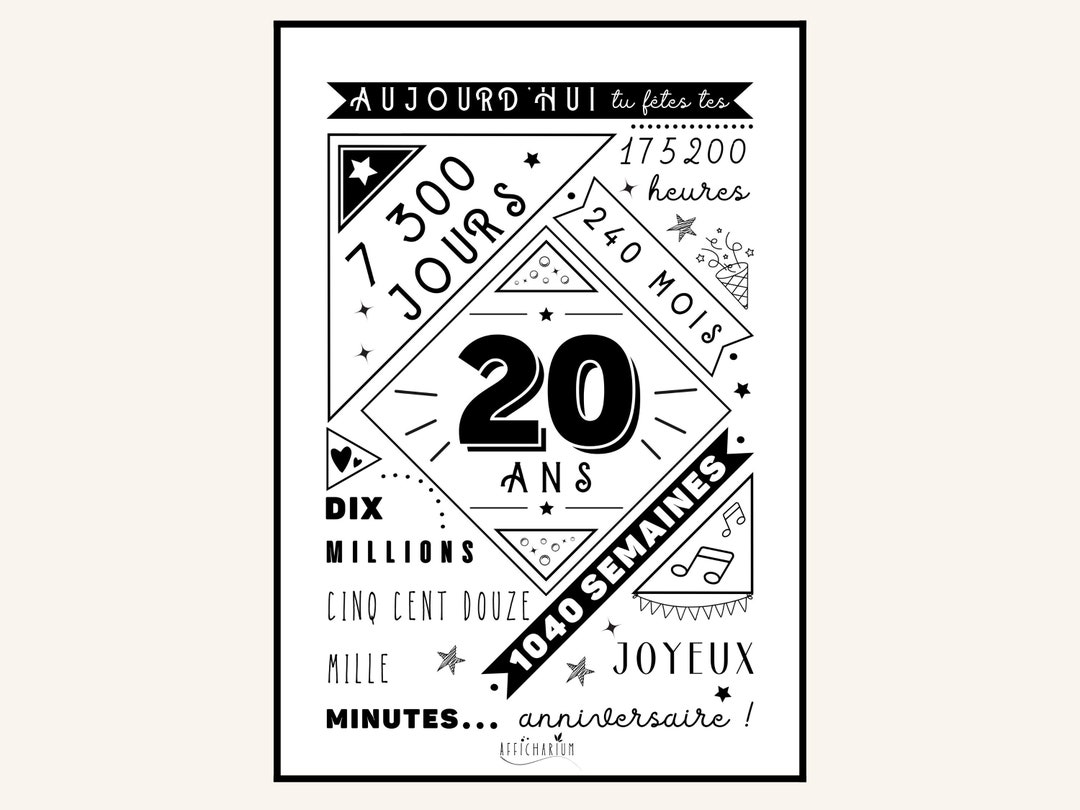 Affiche 20 ans affiche anniversaire 20 ans poster Etsy France