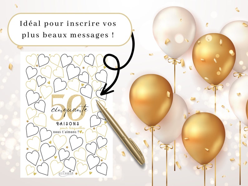 Affiche 50 coeurs à remplir, carte géante à messages anniversaire 50 ans, cadeau 50 ans, décoration fête anniversaire À IMPRIMER image 2