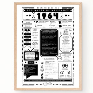 Journal de naissance 1964 - Affiche année de naissance, cadeau anniversaire, décoration fête anniversaire | À IMPRIMER SOI-MÊME