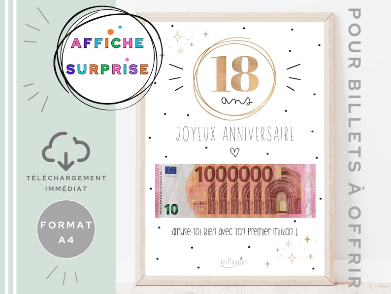 Cadeau 18 ans ton premier million, cadeau argent, affiche message surprise pour billets à offrir, téléchargement immédiat À IMPRIMER 画像 2