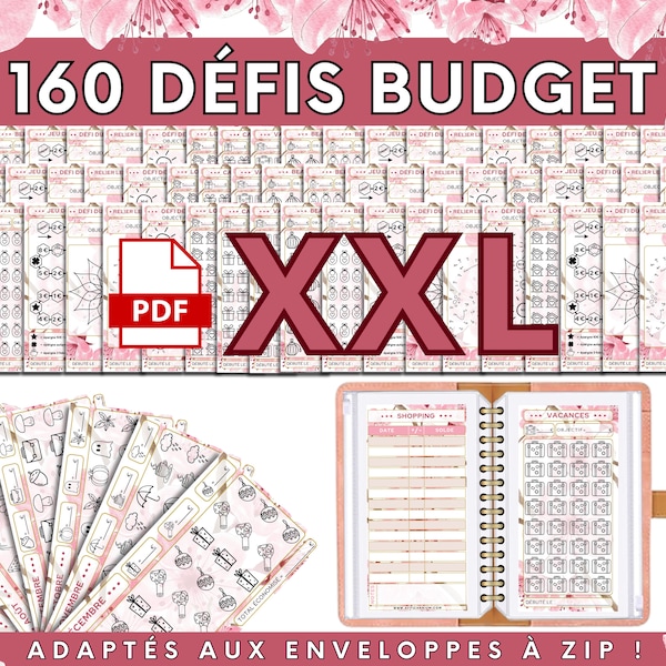 160 Défis budget et challenges épargne | PDF XXL de défis + trackers d'économies à télécharger et à imprimer | Adapté classeur budget A6/A5