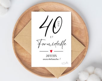 Carte "40 ans et formidable, joyeux anniversaire" coeur rouge, carte 40ème anniversaire femme / homme à imprimer - Téléchargement immédiat