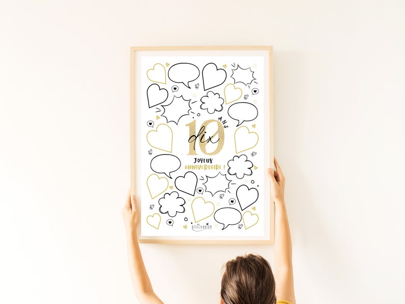 Carte anniversaire géante 10 ans blanc / noir / or, affiche anniversaire 10 ans avec bulles et coeurs à remplir de messages À IMPRIMER zdjęcie 5