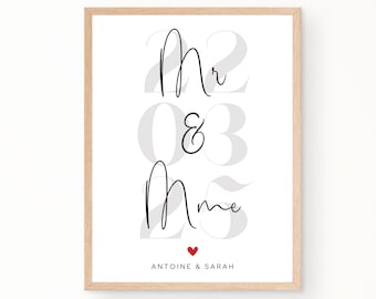 Cadeau mariage personnalisable "MR & MME" pour jeunes mariés avec prénoms et date | Cadeau original | Téléchargement en 24 H | À IMPRIMER