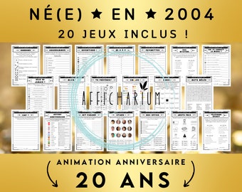 Année 2004 - 20 jeux d'anniversaire à imprimer, lot de jeux d'anniversaire 20 ans à imprimer (réponses incluses) - Téléchargement immédiat