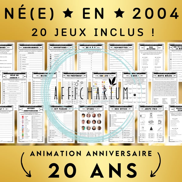 Année 2004 - 20 jeux d'anniversaire à imprimer, lot de jeux d'anniversaire 20 ans à imprimer (réponses incluses) - Téléchargement immédiat