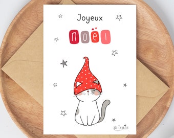 Carte de Noël poétique avec chat à bonnet rouge à pois | carte de voeux "Joyeux Noël" | À imprimer | Téléchargement immédiat