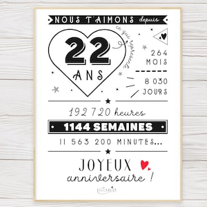 Affiche 22ème anniversaire minutes, heures, jours, mois, années affiche anniversaire 22 ans, carte géante anniversaire À IMPRIMER image 2