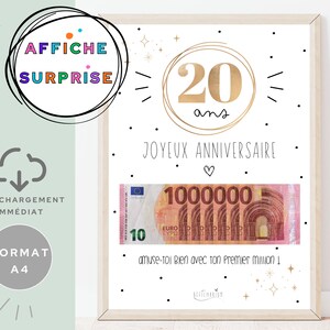 Cadeau 20 ans ton premier million, cadeau argent, affiche message surprise pour billets à offrir, téléchargement immédiat À IMPRIMER image 2