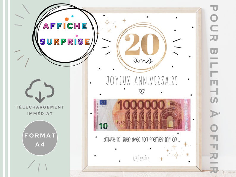 Cadeau 20 ans ton premier million, cadeau argent, affiche message surprise pour billets à offrir, téléchargement immédiat À IMPRIMER image 2