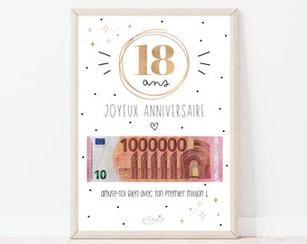 Cadeau 18 ans "ton premier million", cadeau argent, affiche message surprise pour billets à offrir, téléchargement immédiat - À IMPRIMER