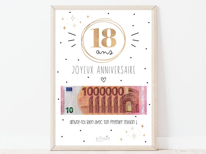 Cadeau 18 ans ton premier million, cadeau argent, affiche message surprise pour billets à offrir, téléchargement immédiat À IMPRIMER image 1