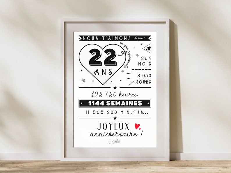 Affiche 22ème anniversaire minutes, heures, jours, mois, années affiche anniversaire 22 ans, carte géante anniversaire À IMPRIMER image 7