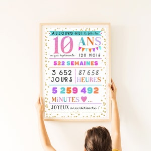 Carte géante colorée 10 ème anniversaire, affiche anniversaire 10 ans minutes, heures, jours, mois, années, déco anniversaire À IMPRIMER image 5