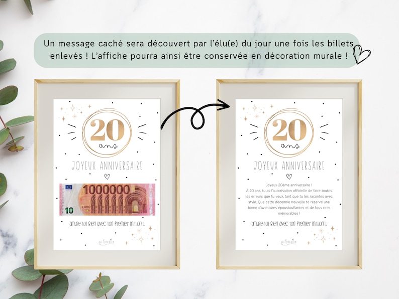 Cadeau 20 ans ton premier million, cadeau argent, affiche message surprise pour billets à offrir, téléchargement immédiat À IMPRIMER image 5