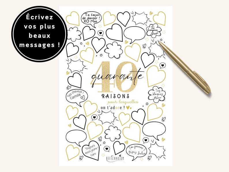 Affiche anniversaire 40 raisons pour lesquelles on t'adore, cadeau 40 ans, carte anniversaire, décoration anniversaire 40 ans À IMPRIMER image 1