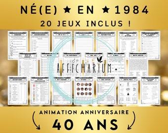 Année 1984 - 20 jeux d'anniversaire à imprimer, lot de jeux d'anniversaire 40 ans à imprimer (réponses incluses) - Téléchargement immédiat