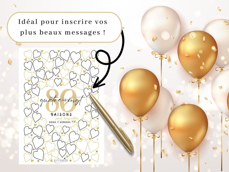 Affiche 80 coeurs à remplir, carte géante à messages anniversaire 80 ans, cadeau 80 ans, décoration fête anniversaire À IMPRIMER image 2