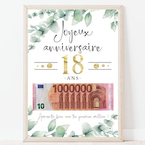 Cadeau argent anniversaire 18 ans, ton premier million, affiche message surprise pour billets à offrir, téléchargement immédiat - À IMPRIMER