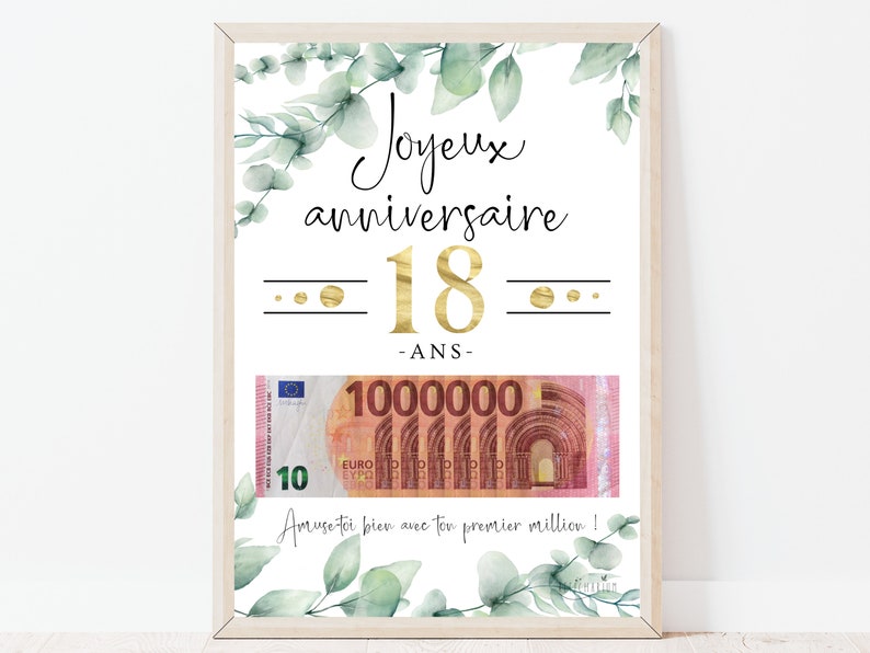 Cadeau argent anniversaire 18 ans, ton premier million, affiche message surprise pour billets à offrir, téléchargement immédiat À IMPRIMER image 1