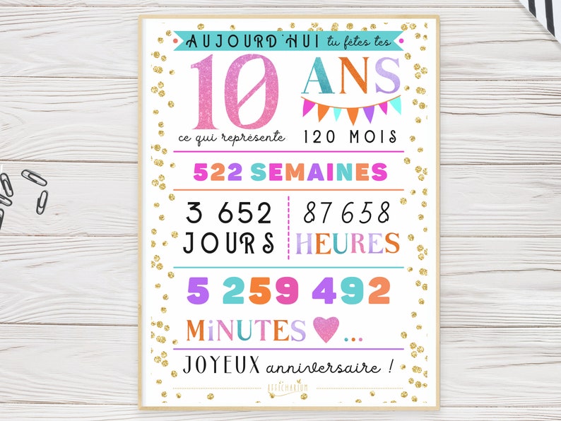 Carte géante colorée 10 ème anniversaire, affiche anniversaire 10 ans minutes, heures, jours, mois, années, déco anniversaire À IMPRIMER image 2