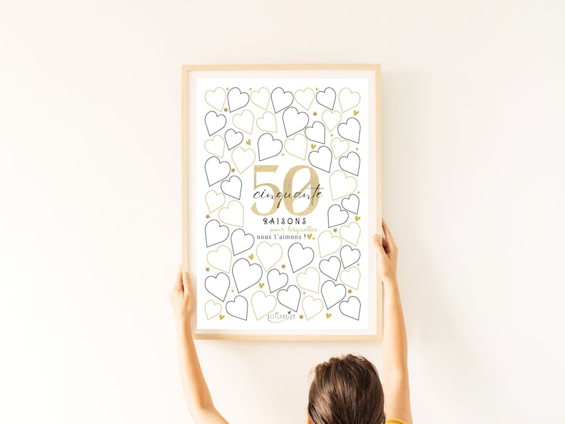 Affiche 50 coeurs à remplir, carte géante à messages anniversaire 50 ans, cadeau 50 ans, décoration fête anniversaire À IMPRIMER image 3