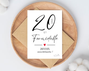 Carte "20 ans et formidable, joyeux anniversaire" coeur rouge, carte 20ème anniversaire femme / homme à imprimer - Téléchargement immédiat