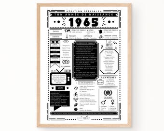 Journal de naissance 1965 - Affiche année de naissance, anniversaire 60 ans, déco fête anniversaire, cadeau 60 ans | À IMPRIMER SOI MÊME