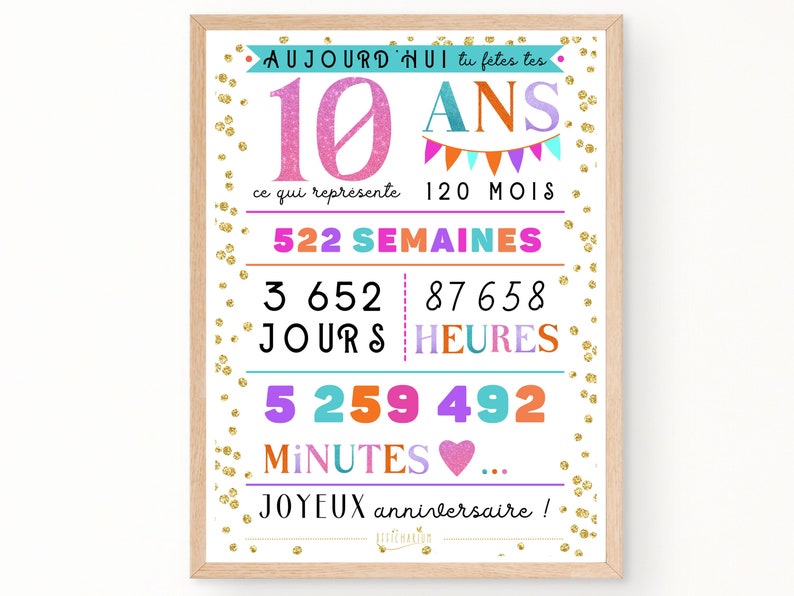 Carte géante colorée 10 ème anniversaire, affiche anniversaire 10 ans minutes, heures, jours, mois, années, déco anniversaire À IMPRIMER image 1