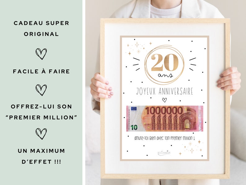 Cadeau 20 ans ton premier million, cadeau argent, affiche message surprise pour billets à offrir, téléchargement immédiat À IMPRIMER image 3